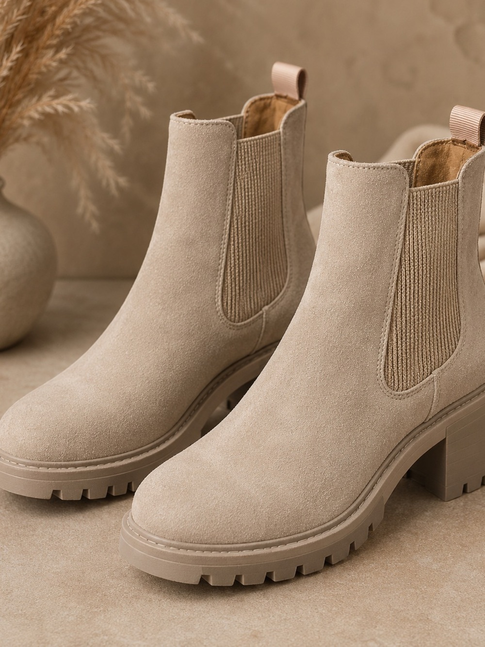 ATHLEFIT Beige Suede Chelsea Ankle Boots Chunky Heel Lug Sole Fall 2026 Trend